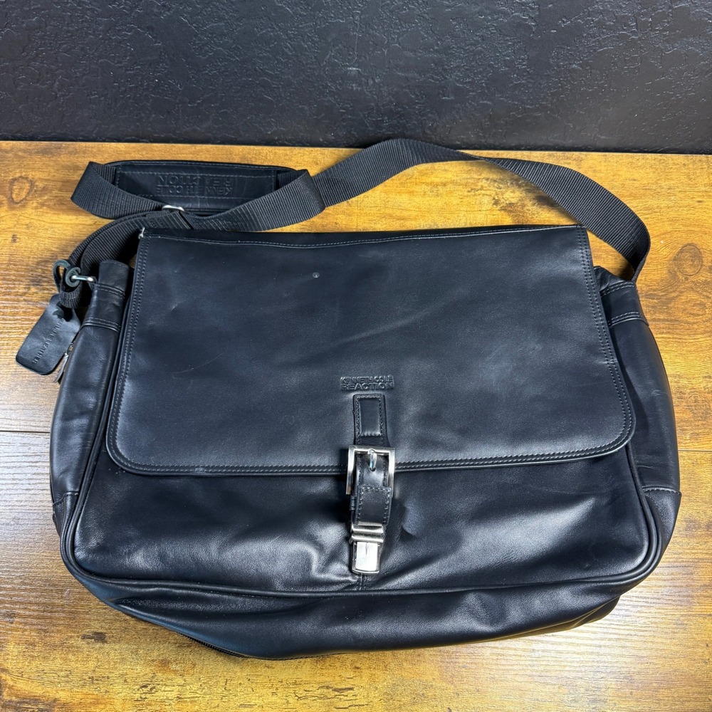 Kenneth Cole Reaction Black Genuine Leather Messenger Laptop Bag Mens Large